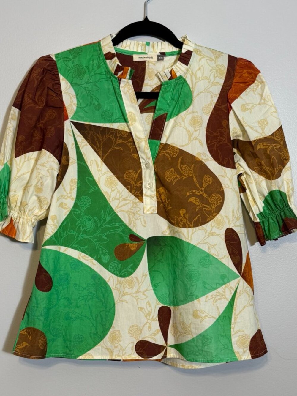 Abstract Cotton Blouse XS Puff Sleeve Boho Artsy Top - Picture 7 of 10